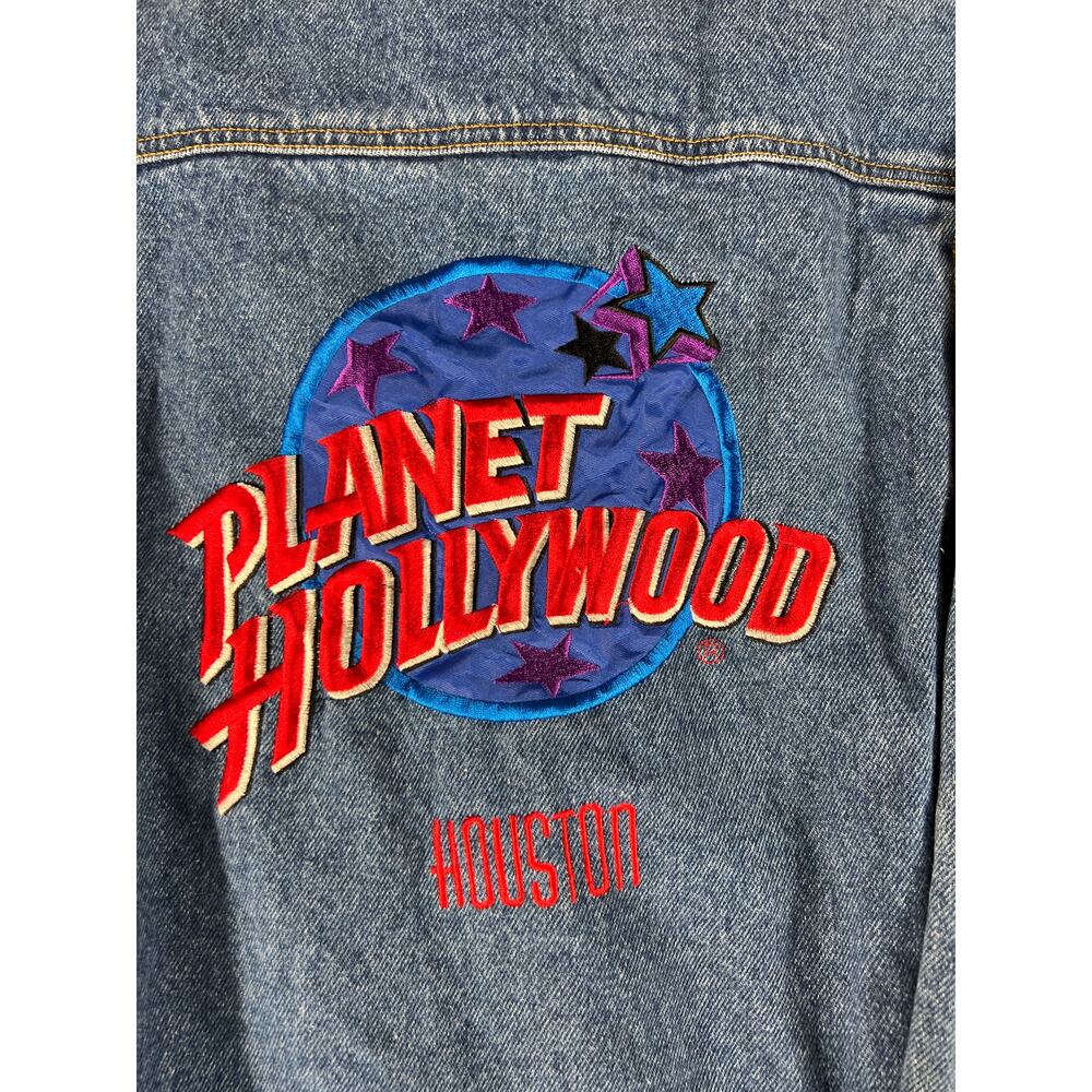 Vintage 90s Planet Hollywood Houston Trucker Jacket Mens M Blue Denim Outdoor - Picture 2 of 7
